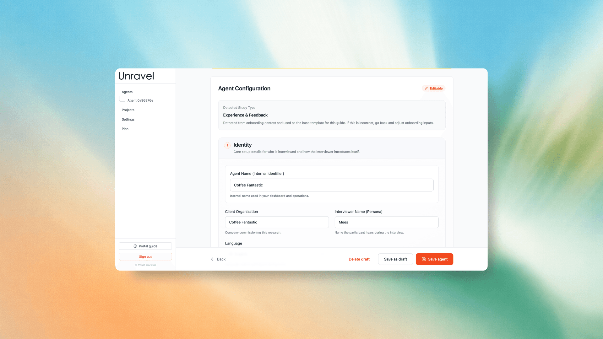 Unravel agent configuration screen with interview setup fields