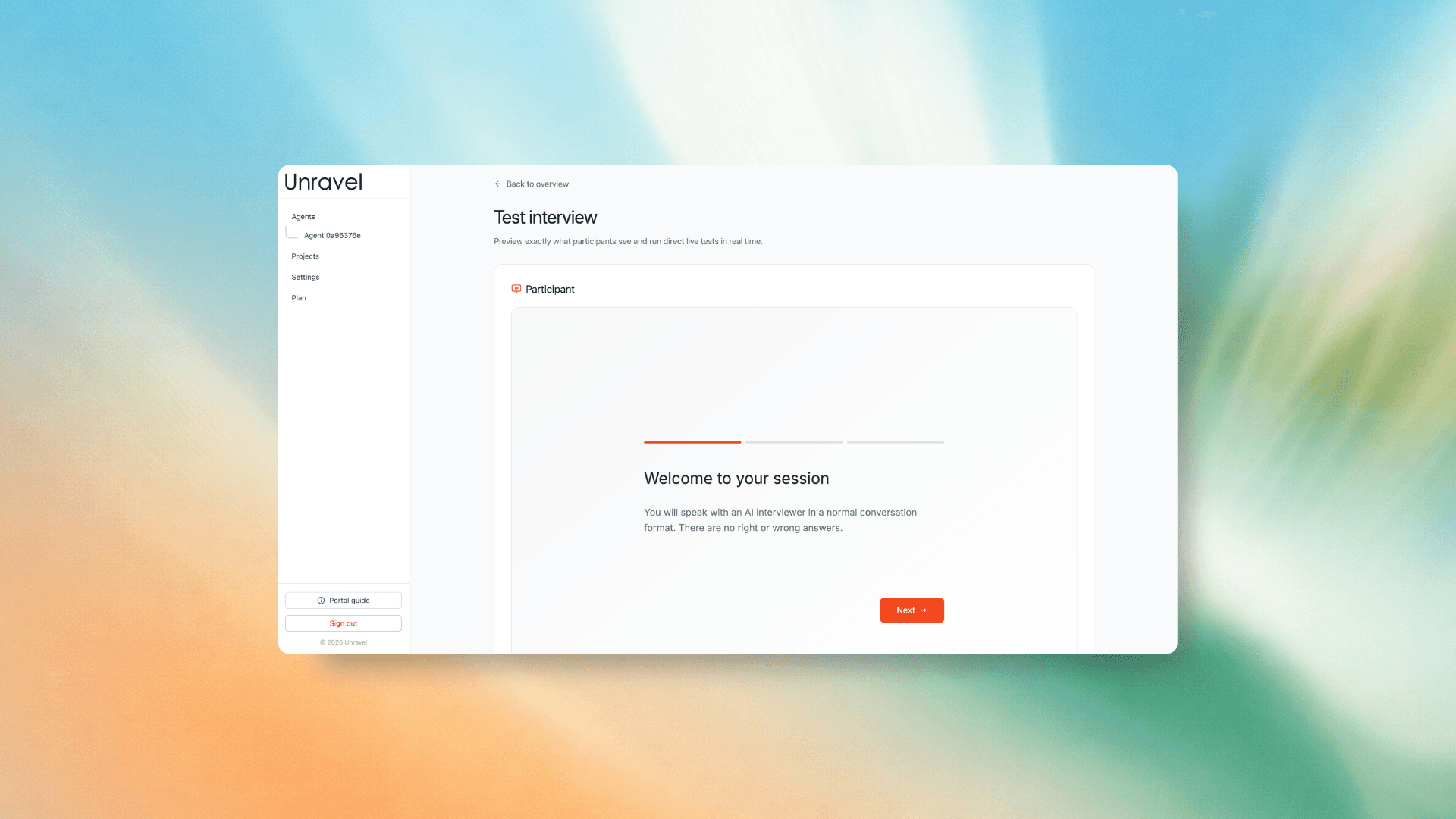 Unravel test interview preview screen for refining the participant flow
