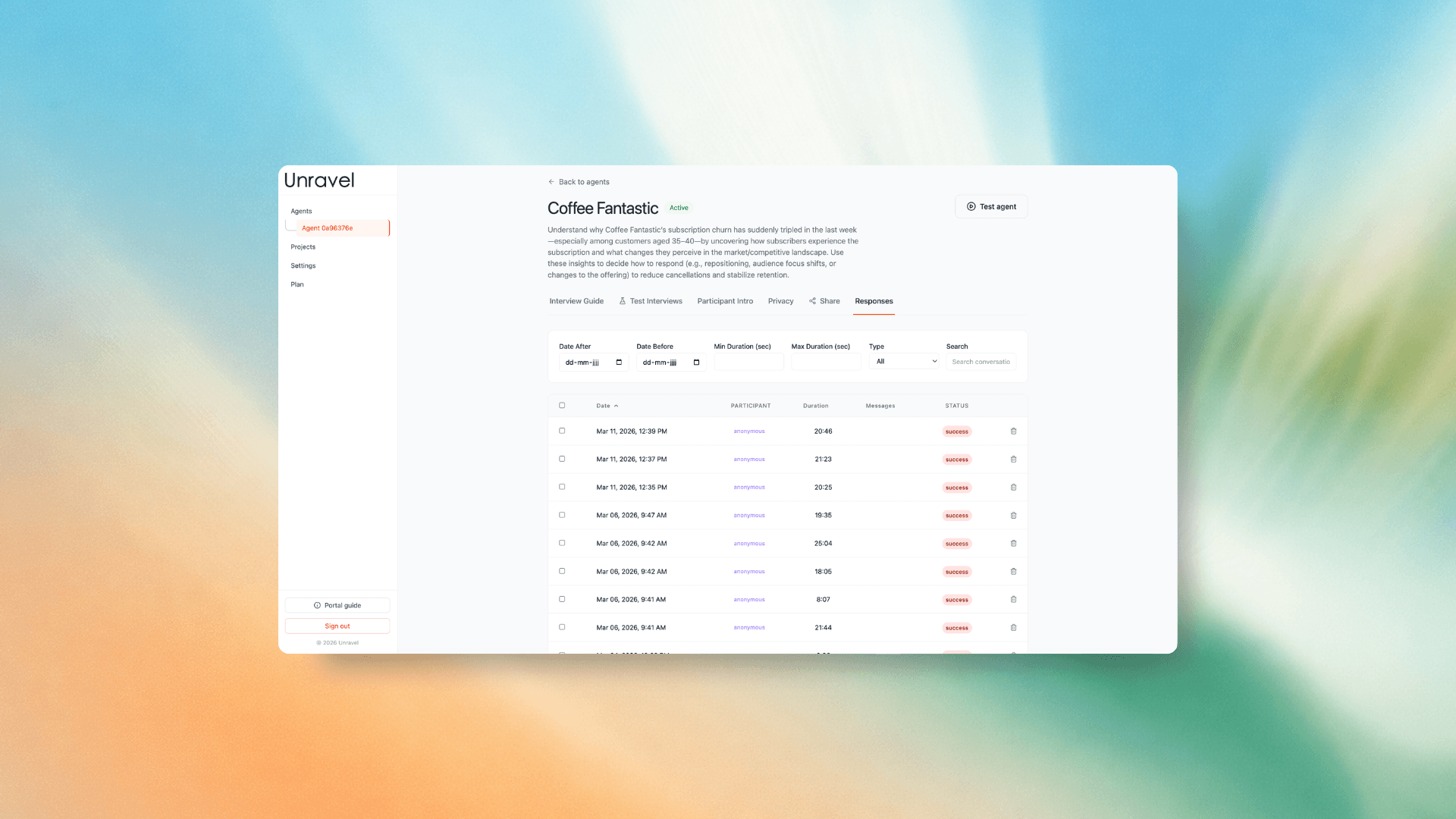 Unravel responses dashboard with participant sessions and outcomes